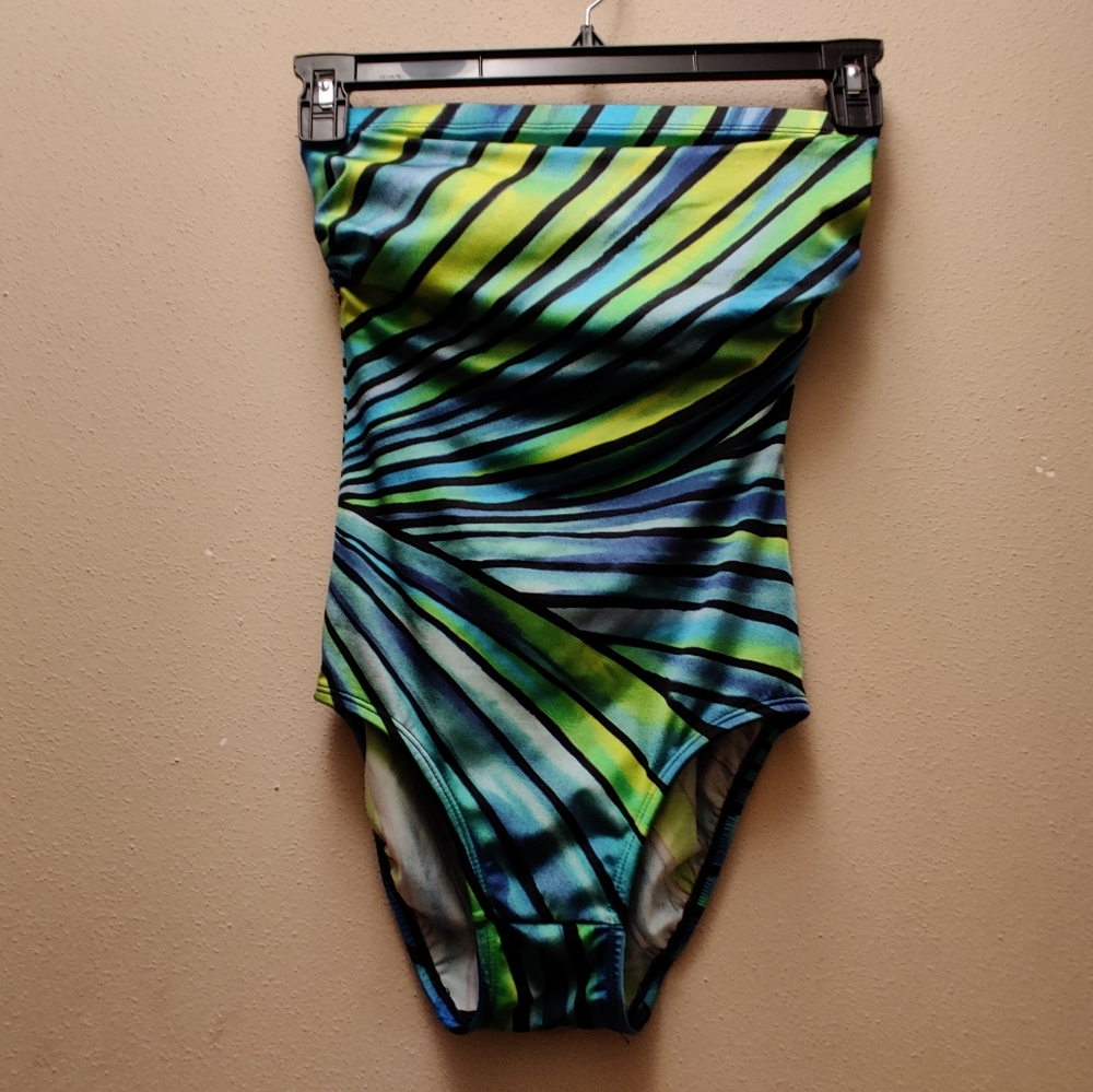 longitude Striped Green and Blue Swimsuit Amazing Colors size 8
